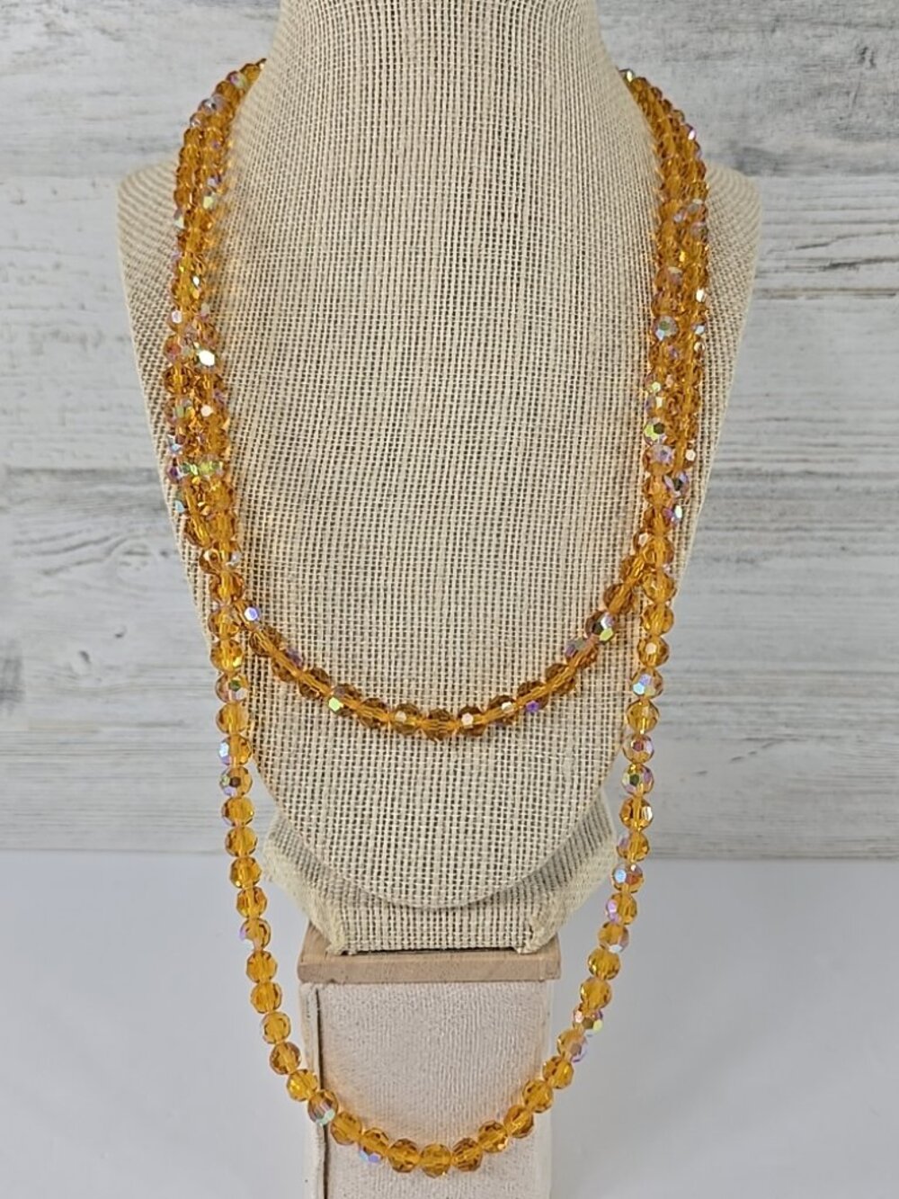 Amber Faceted Bead Necklace Long Strand Aurora Borealis Crystal Look Vintage...